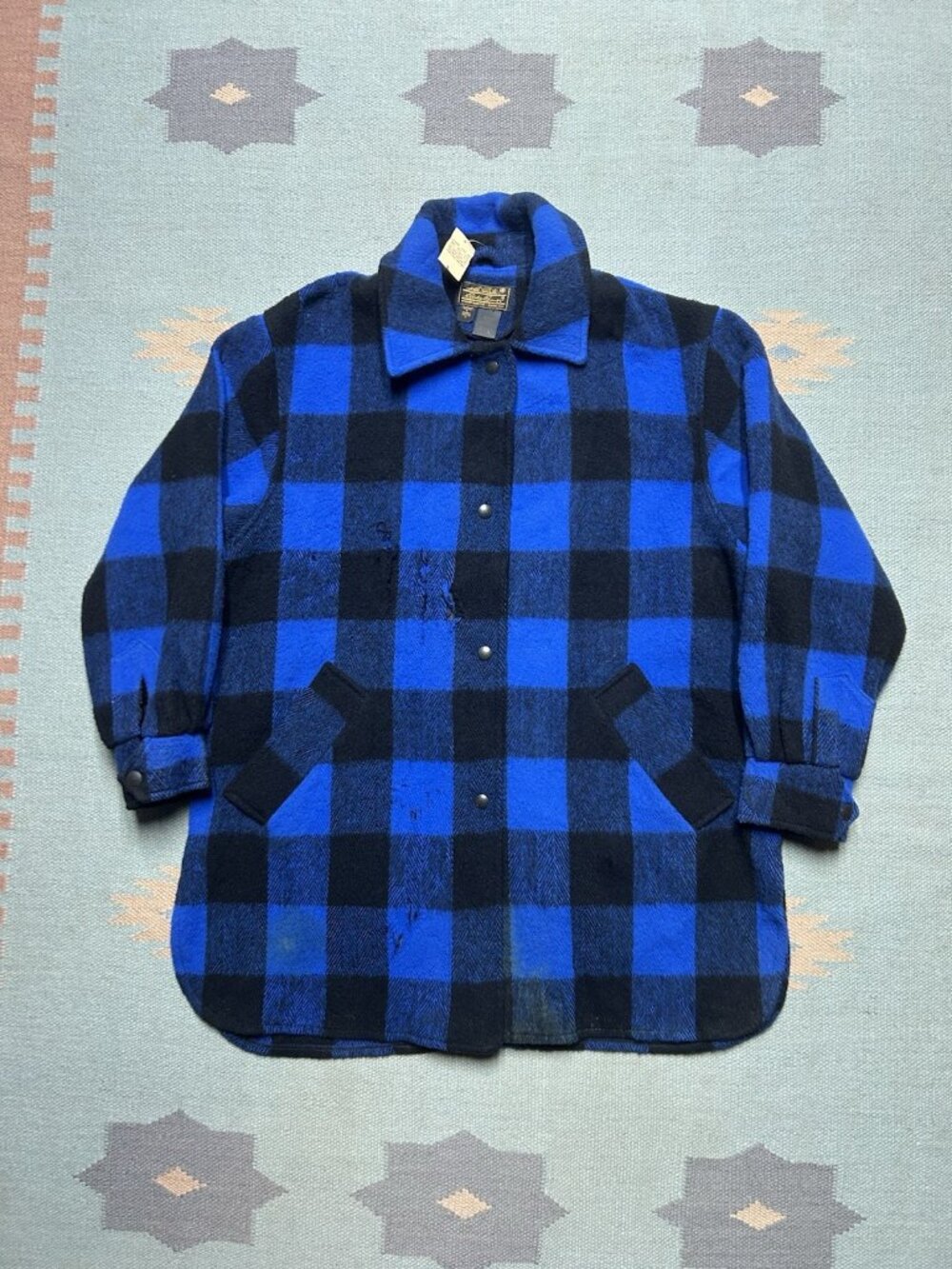 Vintage 80s Eddie Bauer snap jacket wool blend blue plaid NWT DISTRESSED women S